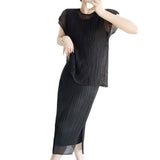 Folded Temperament Net Folding Set Thin Temperament Blouse Short-Sleeved Skirt Large Size Women's