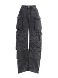 Color Multi-pocket Loose Jeans Women High Street Retro Hip-hop Wide-leg Pants Casual Straight High-waisted Jeans Women