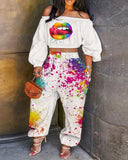 Women Two Piece Set Off Shoulder Lip Print Lantern Sleeve Crop Top & Ink Splash Pants Flare Set