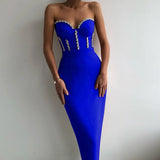 Strapless Women Dress Bandage Bodycon 2021 New Elegant Beading Party Evening Club Midi Dresses Summer Autumn