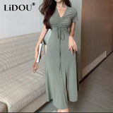 Summer Sexy Solid Color Folds Drawstring Bandage Slit Midi Dress Waist Elegant Party Holiday Dresses Casual Robe