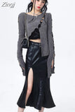 Hollow Out Irregular Cardigan Tshirts Crop Tops Slim Fit Women Knitted Y2k High Waist Sexy Elegant Short Length