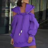 Color Women Hoodies Fitness Hooded Dress Casual Hollow Out Cold Shoulder Oversize Sweatshirt Detachable Hat Workout