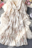 Autumn Women Floral Long Dress Vintage V-Neck Flare Sleeve Backless High Waist A-Line Big Swing Maxi Vestidos New
