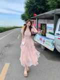 Beaded Ruffle Sweet Fairy Apricot Elegant Dress Summer Trend Square Neck Short Sleeve High Waist Slim Womens