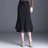 Vintage Plaid Skirts Womens Lace Patchwork High Waist Mermaid Skirt Female Slim Office Clothes Lacintg Midi