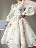 Fashion Style Print Dress Spring Summer Party Long Sleeve Square Collar Dress for Women Elegant Sweet A Line Mini