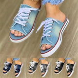 summer open-toe fish mouth denim lace-up shoes casual flat shoes ladies large canvas
