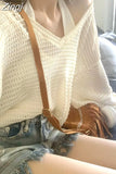 Long Sleeve Hollow Out Bohemian V-Neck Pullover Sweater Y2k Beach Women Knitted Tops Loose Sunscreen Sueter