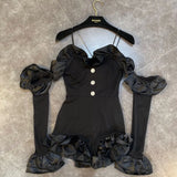 2022 Spring New Arrivals Long Flare Sleeve Strapless Ruffles Diamonds Buttons Slim Black Playsuits Women Romper