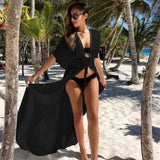Sexy Hollow Out White Summer Dress Beach Tunic Women Beachwear Long Sleeve Front Open Self Belted Maxi Dresses