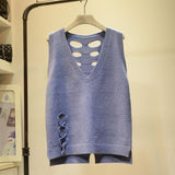 Hollow V-neck Knitted Sweater Vest Female Sleeveless Strap Ribbed Edge Solid Color Pullover Sweater Vest Women Spring