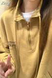High Collar Yellow Print Street Hoodies Women Long Sleeve Pullovers Vintage Zipper Loose Sudadera Harajuku Sweatshirt