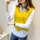 and Autumn Solid Color V-neck Short Wave Edge Edge Sleeveless Knitted Bottoming Sweater Vest Pullover and White