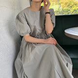 Zingj Chic Summer Elegant Contracted Round Collar Loose Versatile Bubble Sleeve Pressure Fold Closed Waist Design Long Dress-Outfit