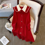 Winter Knitwears Sweater Dresses For Women Koeran Sweet Bow Peter Pan Collar Ruffles Patchwork Knitted Dress 4XL