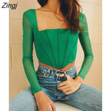 Mesh Corset Crop Top Women 2022 Long Sleeve Summer Skinny Square Collar Green Basic Sexy Backless T Shirt Women
