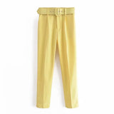 Solid Women Suit Pants Office Lady Empire Waist Belt Trousers Elagant Sashes Casual Chic