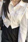 Shoulder Blue Shirts Crop Tops Women Y2k Short Length Sexy Korean High Waist Slim Fit Camisas Long Sleeve Turn Down