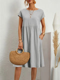 Neck Elegant Simple Short Sleeve Dress Summer Fashion Casual Dress for Women Cotton Linen Dresses 2023 Office Lady Robe