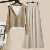 Winter Women Clothing Korean Casual Vest+knitted Sweaters+wide Leg Knitting Wide Leg Pants Sets Ladies Warm Knitwears