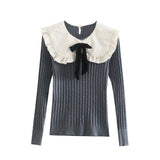 Fashion Woman Sweaters Embroidered Cropped Knitted Sweater Vintage Cute Peter Pan Collar Female Pullovers Chic