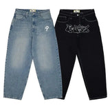 Popular Vintage Letter Embroidered Jeans Men Y2K New Harajuku Punk Rock Wide-Leg Pants Couple Casual Loose Traf Jeans
