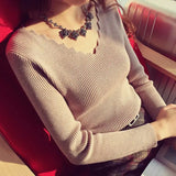 Solid Basic Pull Elastic Clothing Fashion Women Korean V-neck Long-sleeve Knit Sweater Female Jumper Pullover