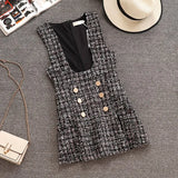 Spring Autumn 2 Piece Set Dress Women Ruffles Bow Shirt Lace Top+Plaid Sleeveless Tweed Vest Dress Double Breasted