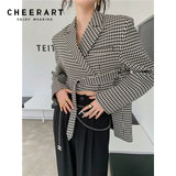 Designer Cropped Blazer Women Asymmetrical Houndstooth Jacket Ladies Coat Short Suits Fall 2021 Womens