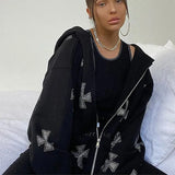Street Retro American Rhinestone Hot Rhinestone Cross Jacket Black And White Cardigan Hooded Sweater Women's Pants Set
