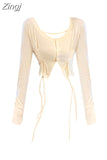 Women Irregular T-Shirts Sexy Long Sleeve Crew Neck Drawstring Chic T-Shirt Crop Tops Basic Tees Undershirt 2023 Autumn