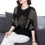 Autumn Casual Fashion Patchwork Print Oversized T-shirt Top Women Round Neck Long Sleeve All-match Chiffon Pullover
