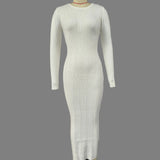 Wind Solid Color Knitted Dress Female Spring And Autumn Temperament Waist Long Sleeve Long