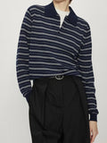 Summer New Temperament Thin Gentle And Comfortable Wash Wool Hit Striped Knitting Long-Sleeved Polo