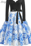 Women Christmas Dress Long Sleeve Vintage Elegant V Neck Print Big Swing Party Xmas New Year Winter Clothes S~3XL