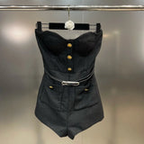 2022 Autumn Turn Down Collar Short Blazer Coat Sleeveless Slim Strapless Sexy Playsuits Belt Two Piece Set Women