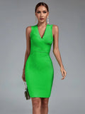 Dress Women Green Bodycon Dress Evening Party Elegant Knee Length Sexy Deep v Neck Birthday Club Outfits 2022