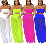 Women 2 Piece Set 2023 Summer Sexy Off Shoulder Crop Top + High Waist Wide Leg Mesh See Through Pants Beachwear vacation