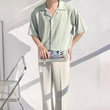 Cuban Collar Vertical Texture Design Feeling Men's Half-Sleeved Shirt Loose High-End Fall Leisure