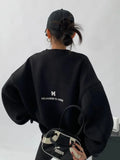 Women Letter Embroidery Gray Sweatshirts Oversize Long Sleeve O Neck Loose Pullovers Female Streetwear Hoodies Tops Autumn