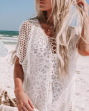 Queens Women White Beach Hollow Out Bohemian Mini Dress Short Sleeve Ladies V-neck Belt Tassel Boho Sundress