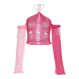 Y2K Aesthetics Pink Patchwork Open Shoulder Knitted Pullovers 2000s Cute Fashion Halter Ripped Backless Crop Tops