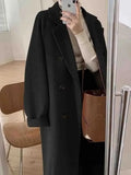 Women Double Breasted Loose Woolen Coat Lapel Collar Long Sleeves Solid Women's Casual Oversize Autumn Winter