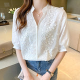 Women's Shirts Solid Blouses for Women Embroidered Shirt Blouse Women White Hollow Out Half Sleeve Tops Female 2023 Woman