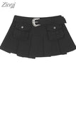 Women's Green Cargo Mini Denim Skirt Y2k Elegant Harajuku Vintage Chic A-Line Pleated Black Skirt For Women 2023 Summer