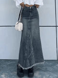 Back Slit Patchwork Long Denim Skirt-Outfit