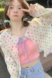 Colorful Dot Thin Long Sleeve Shirts Summer Blouse Y2k V Neck Bandage Short Shirt Sunscreen Camisas Women Crop Tops
