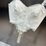 2022 New Arrivals Sleeveless Lace Shoulder Strap Back Bandage Single Breasted Buttons White Slim Camis Crop Top