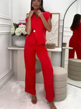 Summer New Women's Buttons Broad-Legged Pants Temperament Commuting Fashion